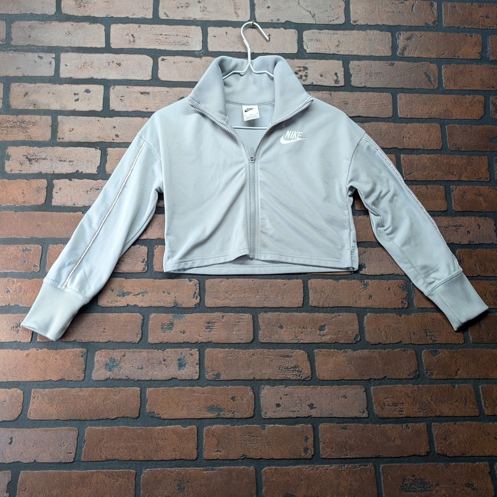 Nike Girls Big Kids Grey Pink Full Zip Crop Top Track Jacket Sporty‎ Collared